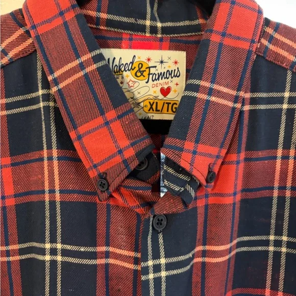 Naked & Famous Red and Navy Plaid Shirt - Picture 3 of 3